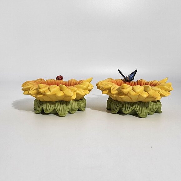 Sunflower Shaped Ceramic Candle Holders With Ladybug Butterfly Accents Partylite - Picture 2 of 11